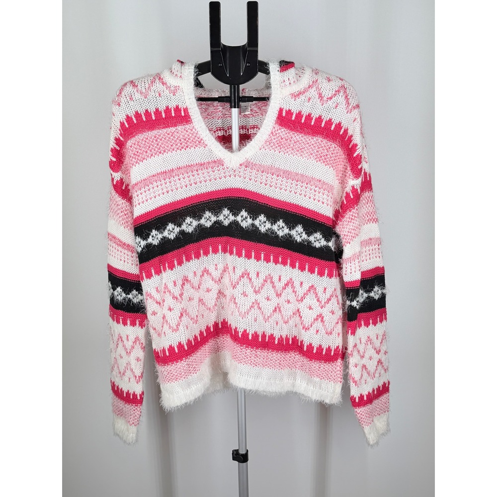 Arizona Jean Co Pink Fair Isle Eyelash Knit Hooded Sweater Womens XL V-Neck